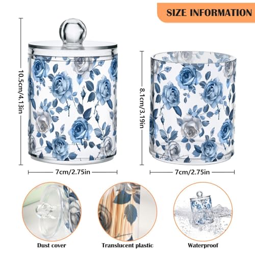 2 Pack Qtip Holder Organizer Dispenser Roses Blue Grey Bathroom Storage Canister Cotton Ball Holder Container for Cotton Pads (2 Count)