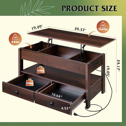 Lift Top Coffee Table with 2 Drawers Storage