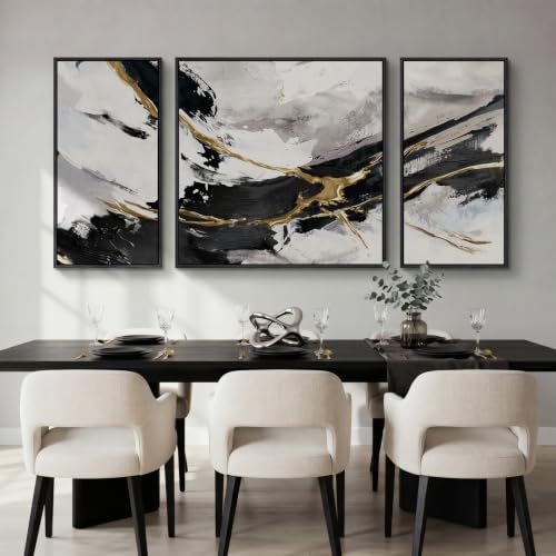 Extra Large Framed Black White and Gold Abstract Wall Art for Living Room (3 Count)