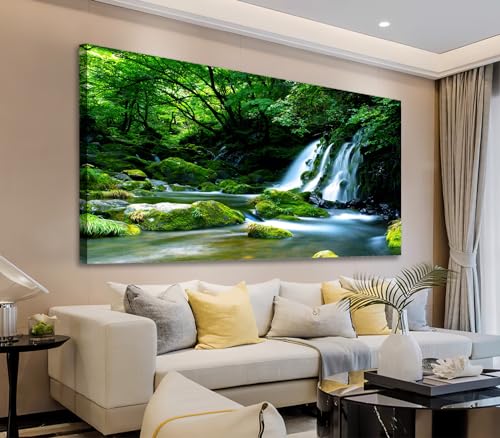 Waterfall Canvas Wall Art Living Room Decoration Large Nature Picture Artwork Modern Landscape Painting Green Forest Prints for Kitchen Office Wall Decor Home Decorations 29" x 58"