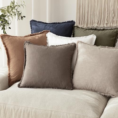 Decorative Linen Fringe Throw Pillow Covers 24×24 Light Coffee