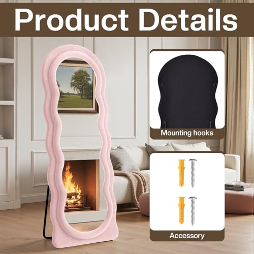Full Length Mirror 63"x24" Irregular Wavy Full Body Wall Mounted Floor Mirror with Stand Pink Flannel Frame Leaning Hanging Wall for Bedroom Entrance Hallway