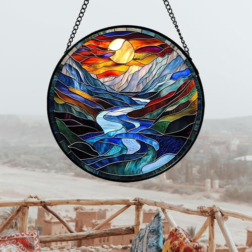 Stained Glass Window Hanging River Scenery Suncatcher Gifts for Women 15"