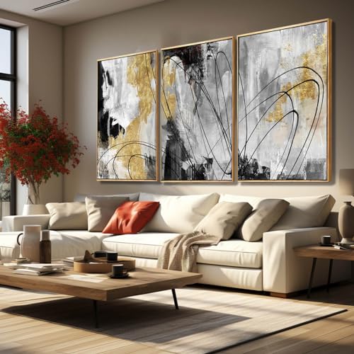 Gold Wall Art Abstract Wall Art Living Room Decor Black and White Canvas Picture Home Decor Wooden Frame Line Paintings Modern Artwork Office Decor 24"x 36"x 3 Pieces (3 Count)
