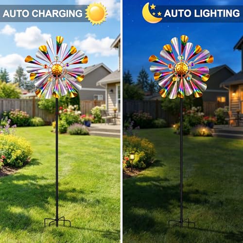 Solar Wind Spinner Outdoor Metal Garden Decor with Color LED Glass Ball