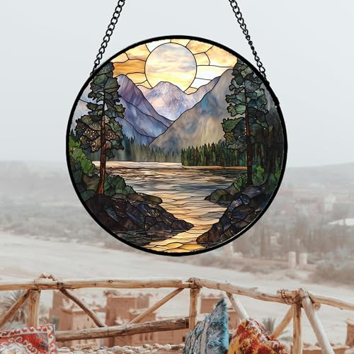 Mountain Lake Stained Glass Window Hanging Suncatcher Gifts for Women 15"