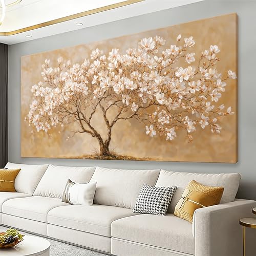 Oversized Canvas Wall Art Decor Beige Magnolia Tree of Life Canvas Art Wall Decor For Living Room Modern Tree Nature Canvas Prints White Flower Wall Art Decor For Bedroom Home Office Decor 29"×58"