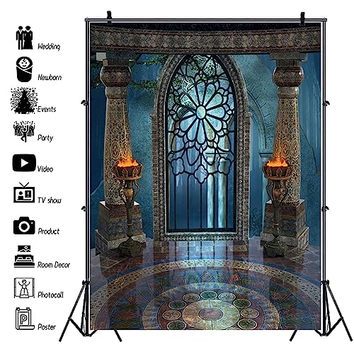 8x12ft Medieval Castle Backdrop for Photoshoot Portrait Pillar Torch Gothic Stone Tower Ancient Old Fortress Interior Photography Background Halloween Party Decor Wallpaper Photo Studio Props