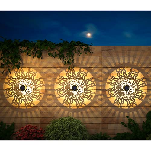 4 Pack Solar Fence Lights Metal Solar Powered Outdoor Wall Deck Lights Sun Moon Theme Waterproof Fence Light for Garden Post Patio Backyard Yard Decor (4 Count)