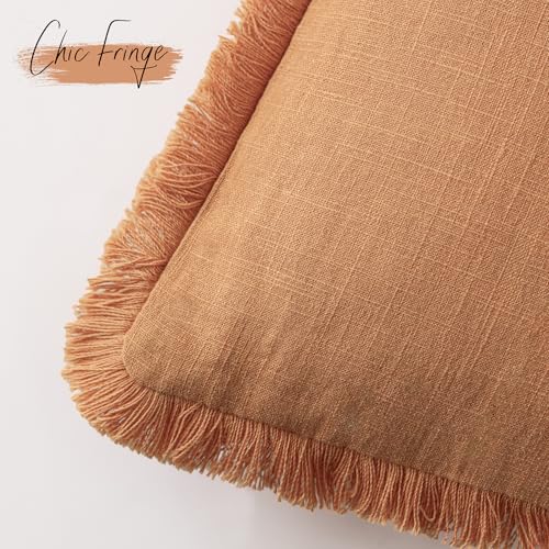 Boho Linen Fringe Lumbar Throw Pillow Covers 12×20 Dusty Orange (2 Count)