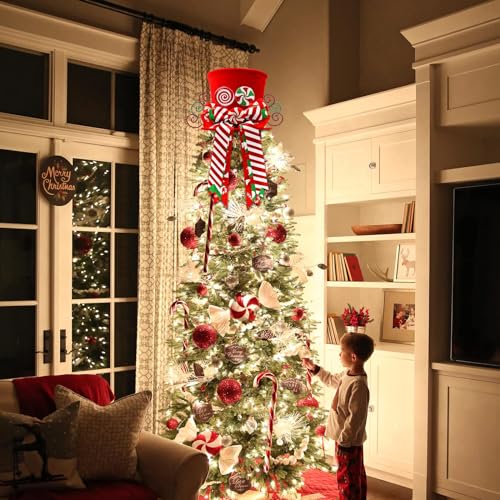 Candy Canes Christmas Tree Topper Red Hat Bow Xmas Decoration