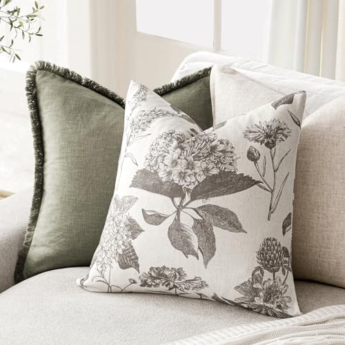 Set of 2 Linen Floral Vintage Throw Pillow Covers Neutral Accent Decorative Cushion Covers Farmhouse Boho Home Decor for Sofa Chair Couch Bedroom Living Room (2 Count)