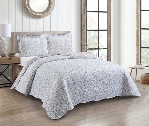 Blue & Pink Roses Toile Lively Patchwork Quilt Set