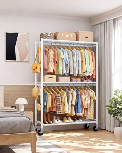 Clothes Rack Double Hanging Rod Clothing Rack with Wheels & Leveling Feet