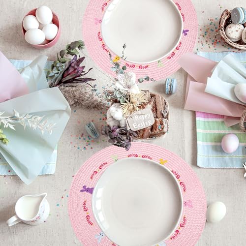 4Pcs Easter Bunny Round Placemats Pink Rabbit Embroidered Place Mats Spring Cute Kitchen Table Mats for Home Wedding Baby Shower Birthday Dinner Party Decor (4 Count)