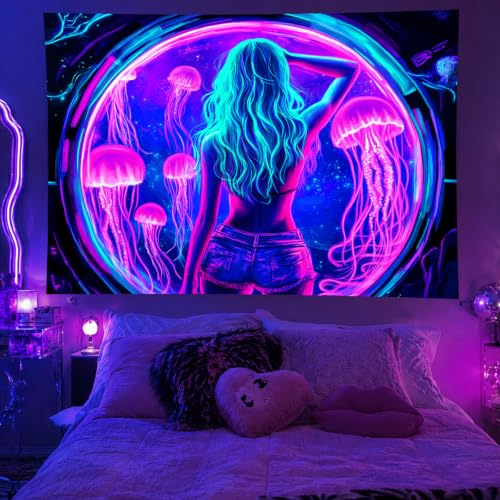 Sexy Woman Jellyfish Tapestry Blacklight Tapestry 59x78 Inch