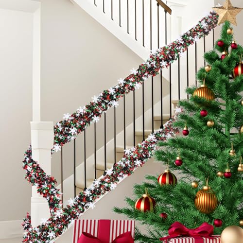 50 Feet Green Red Christmas Metallic Tinsel Twist Hanging Garland with Snowflake for Home Mantle Xmas Tree Staircase Railing New Year Holiday Party Indoor Outdoor Decorations (4 Foot)