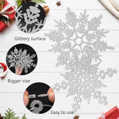 12pcs Large Silver Snowflakes Ornaments 12” Big Plastic Glitter Snowflake for Winter Indoor Outdoor Christmas Tree Window Room Decorations Giant Craft Snowflakes (12 Count)