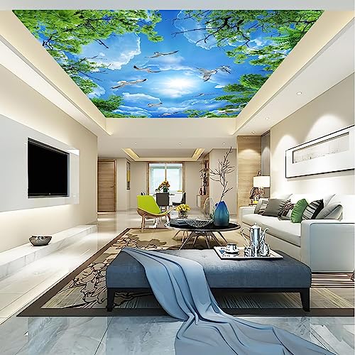 Sky Seagull Green Tree Ceiling 3D wall Mural Wallpaper 103" x 69" (49 Sq Ft)