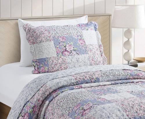 Blue & Pink Roses Toile Lively Patchwork Quilt Set
