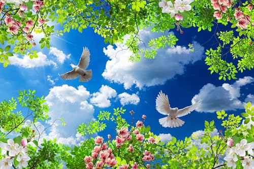 Green Plants Wrapped in Pigeons Flying Freely Under The Blue Sky and White Clouds Wallpaper for Large Background Wall murals