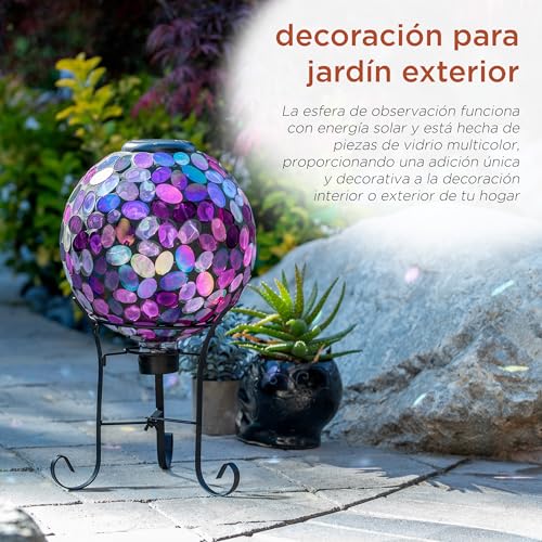 Outdoor Solar Powered Pink Glass Mosaic Gazing Globe with LED Lights and Metal Stand