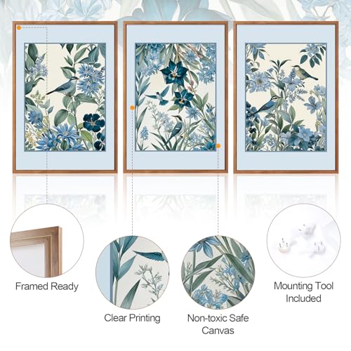 3 Pcs Blue Birds Flowers Framed Canvas Wall Art 24x36 Inch