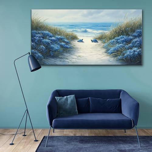 Romantic Beach Wall Art for Living Room Blue Sea Turtle Lovers Canvas Painting Prints Ocean Sandy Romance Flowers Large Bedroom Office Decor Artwork
