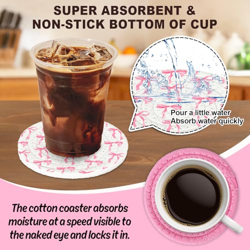 Pink Bow Coasters Handmade Braided Cotton Coasters Round Absorbent Bowknot Coquette Drink Mats for Mother's Day Valentine Birthday Wedding Baby Shower Party Home Office Table Decor (4 Count)