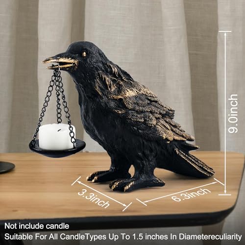 Gothic Crow Lamp with Tealight Candle Holder Resin Raven Decor Statue Gothic Home Decor for Bedroom Unique Goth Gifts Wearing Gold