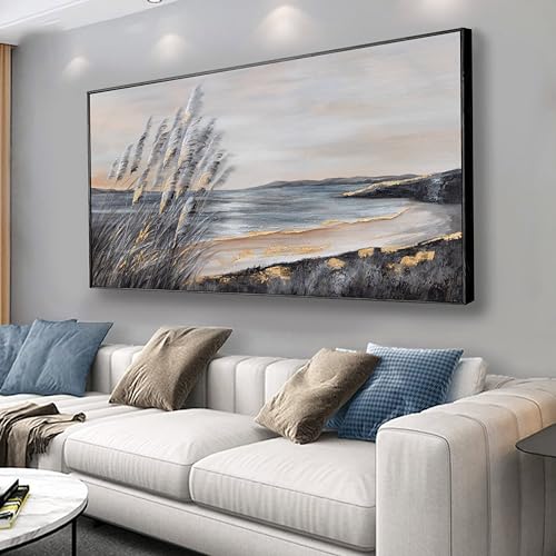 Ocean Wall Art Grey and Black Wall Decor Framed art Aesthetic Coastal Canvas Painting for Living Room Bedroom Dining Room Office Home Decor 24x48 Inch