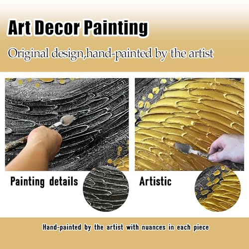 Abstract 3D Hand Painted Wall Art for Office Black and Gold Canvas Wall Art for Bedroom Modern Wall Decor for Living Room Size 24 x 47 Inch