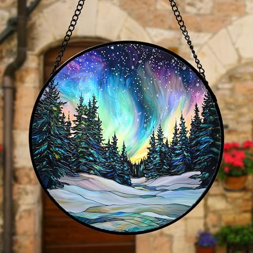 Aurora Landscape Stained Glass Window Hanging Suncatcher Xmas Gifts 12"