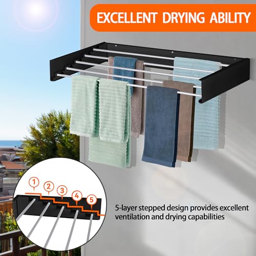 Laundry Drying Rack Wall Mounted Clothes Drying Rack Collapsible with 5 Aluminum Rods and Drilling Template Long Screwdriver Bit 60 lbs Capacity