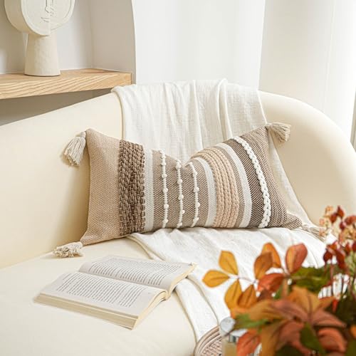 Decorative Lumbar Throw Pillow Cover 12x20 Boho Brown Accent Cushion for Couch Sofa Farmhouse Pillowcase for Bedroom Living Room Home Décor Cover ONLY