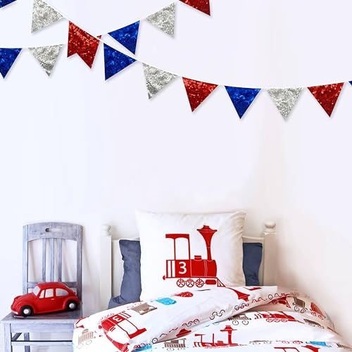 pinkblume Red Blue Silver Decorations Double Sided Sequin Fabric Triangle Pennant Banner Flag Bunting Garland for Nursery Classroom Home Bedroom Wall 4th of July American Veterans USA Holiday Decor (96 Foot)