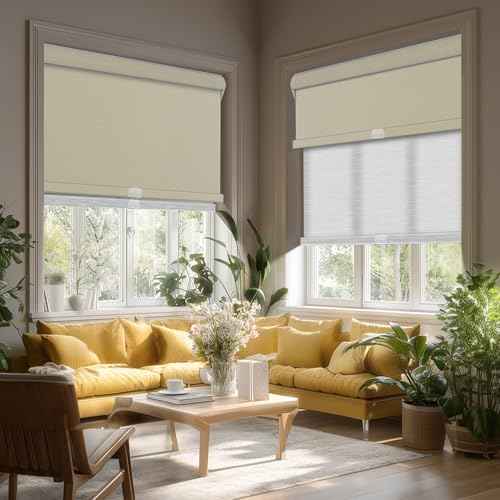 Cordless Dual Roller Shades.Beige and White.62 W x 44" H