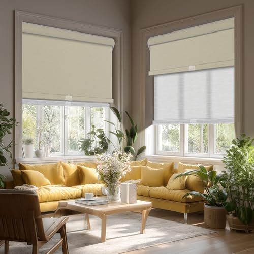 Cordless Dual Roller Shades.Beige and White.74 W x 86" H