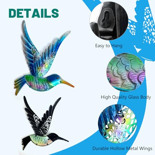 Metal Hummingbird Wall Art 12inch Metal Birds Wall Sculpture Garden Decoration Outdoor Statue Patio Fence Hanging Plaques 2 Pack（Blue (2 Count)