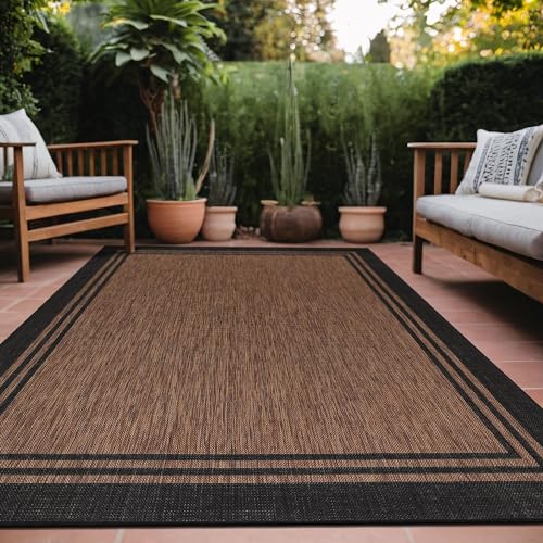 Bordered Outdoor Rug 5x7 Washable Outside Carpet for Indoor Patio Porch Waterproof Easy Cleaning Non Shedding Area Rugs Nut Brown 5 x 7
