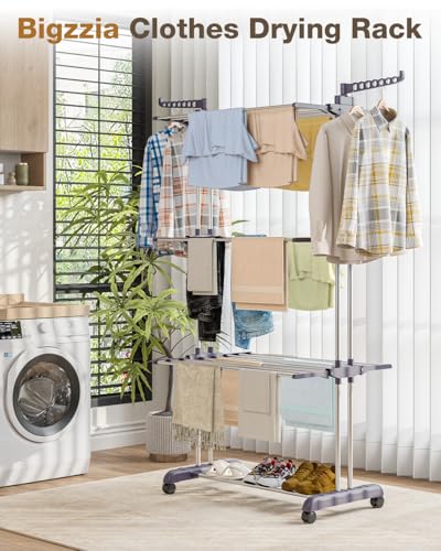 Clothes Drying Rack Folding with Wheels Drying Rack Clothing Clothes Horses Rack Stainless Steel Laundry Drying Rack with Two Side Wings 4 Tier Grey