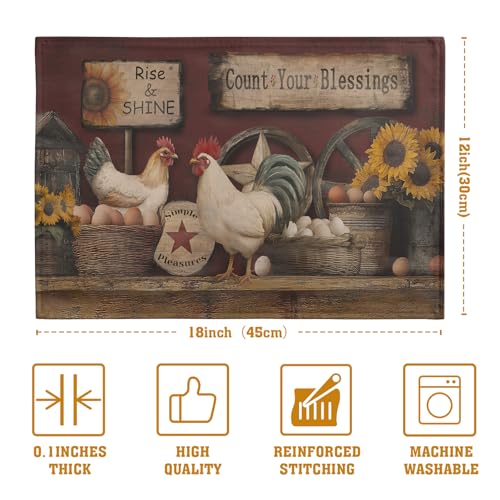 Farmhouse Rooster Placemats Set of 4 Farm Animal Chicken Place Mats 12x18 Inch Vintage Rustic Country Linen Table Mat Washable Non