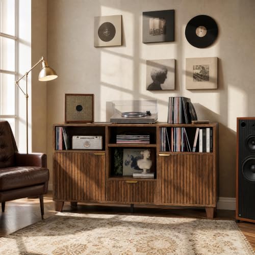 Large Round Record Player Stand with Vinyl Record Storage & Charging Station
