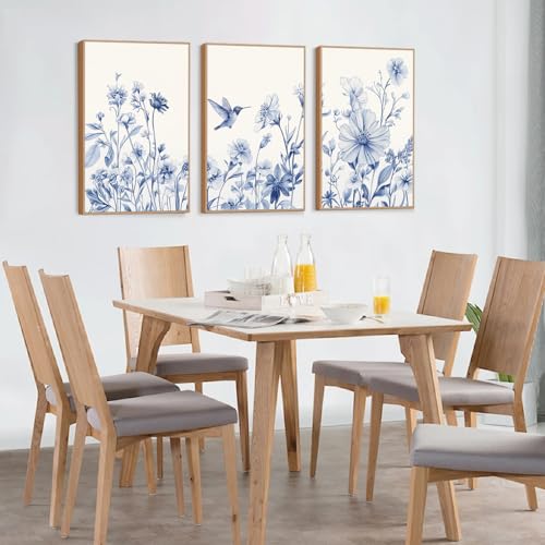 Vintage Blue Bird Flower Framed Canvas Wall Art