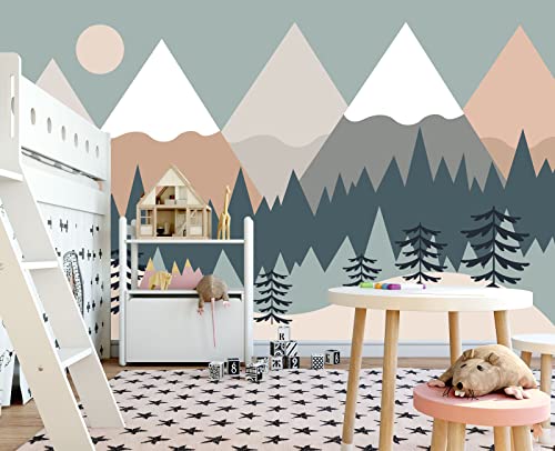 Children's Cartoon Mountain Peak Forest Sun Nursery wall Mural Wallpaper 137" x 100" (95.12 Sq Ft)