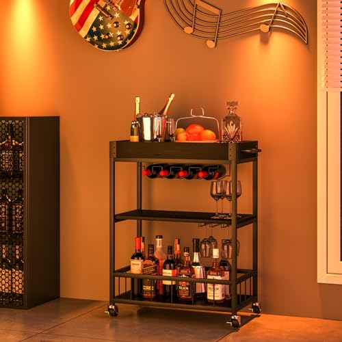 Bar Cart Serving Wine 3 Tier Home Rolling Rack with Wheels Mobile Kitchen Industrial Vintage Style Wood Metal Serving Trolley Serving Cart