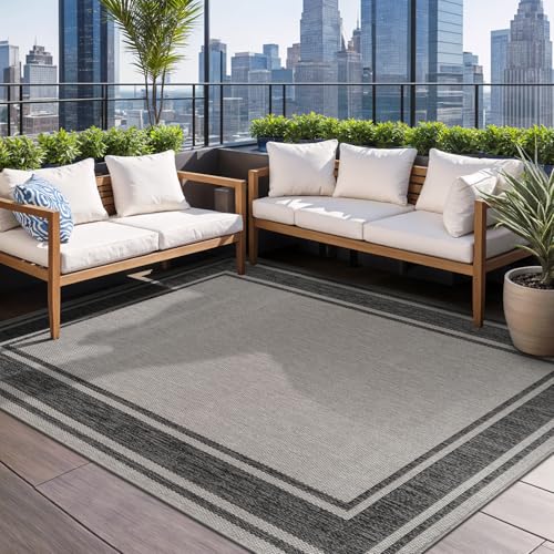 Outdoor Rug 8x10 Modern Bordered Area Rugs for Indoor and Outdoor Patio Deck Porch Garden Waterproof Weather Sun Resistant Washable Outside Carpet (80 Sq Ft)