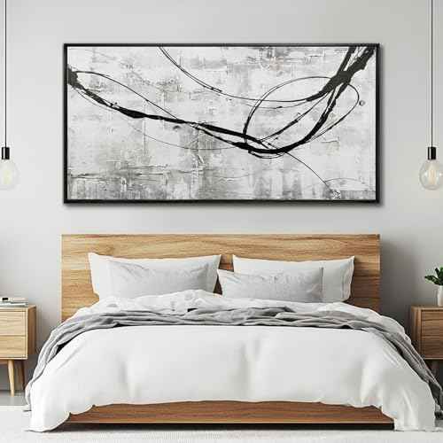 Abstract Framed Wall Art for Living Room White Pictures Canvas Black Arts Wall Decor Poster Prints Artwork for Hotel Gallery 24"x48"