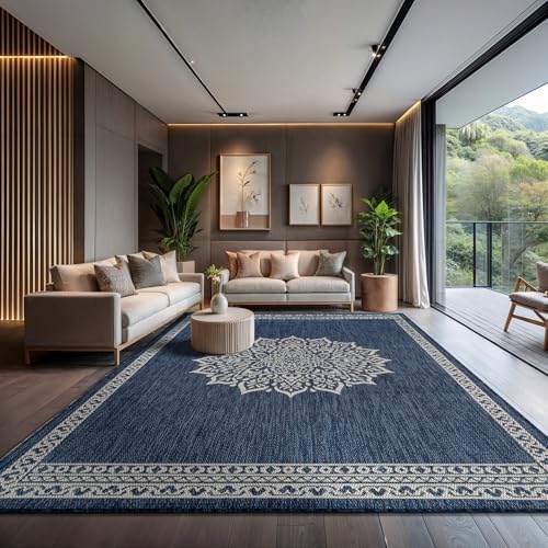 Outdoor Rug 10x14 Medallion Blue Modern Large Area Rugs for Indoor and Outdoor Patios Kitchen and Hallway Mats Washable Porch Deck Outside Carpet (140 Sq Ft)
