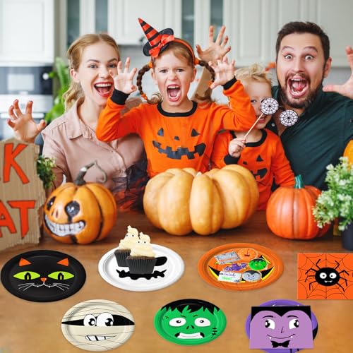 105PCS Halloween Paper Plates Ghosts Pumpkin Skull Spider Web Design for Halloween Party Decorations Supplies (105 Count)